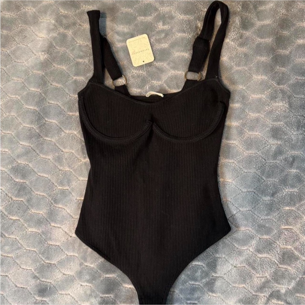 Free People Black Ribbed Bodysuit